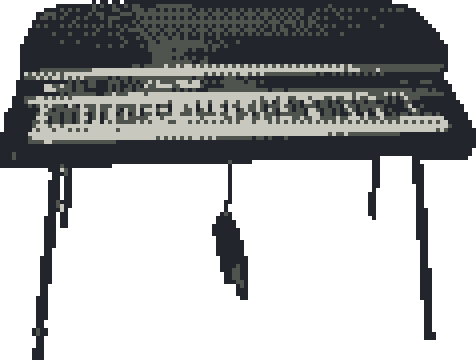 A Rhodes Mark II stage piano on its legs, seen from three-quarters, pixelated